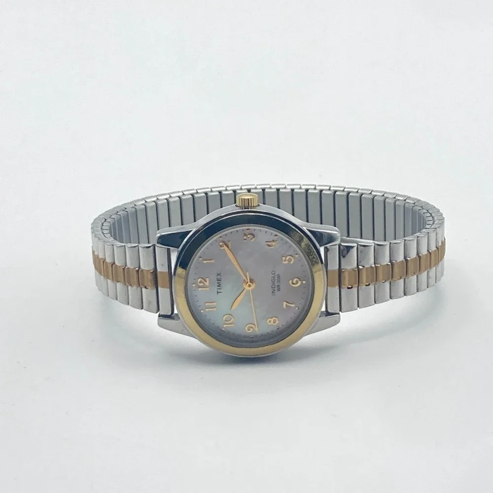 Timex Women's Watch 25mm Silver Gold Two Tone MOP Indiglo Stretch New Battery